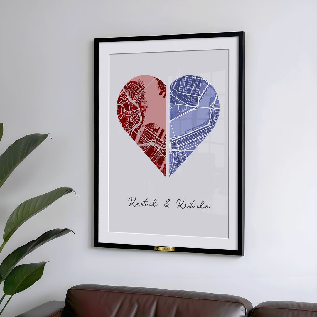 Two Halves, One Heart – Personalized Map Art - Telinchi
