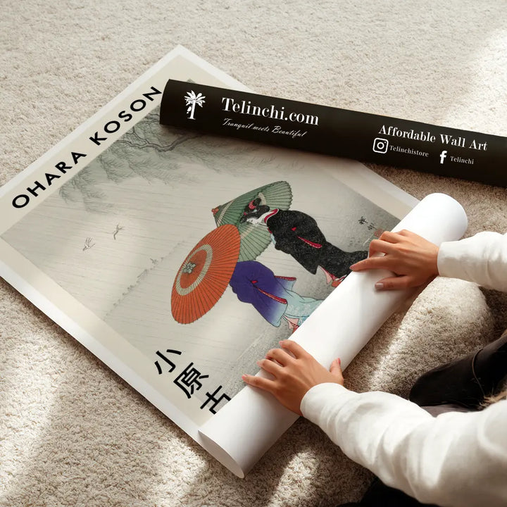 Two Women in the Rain By Ohara Koson