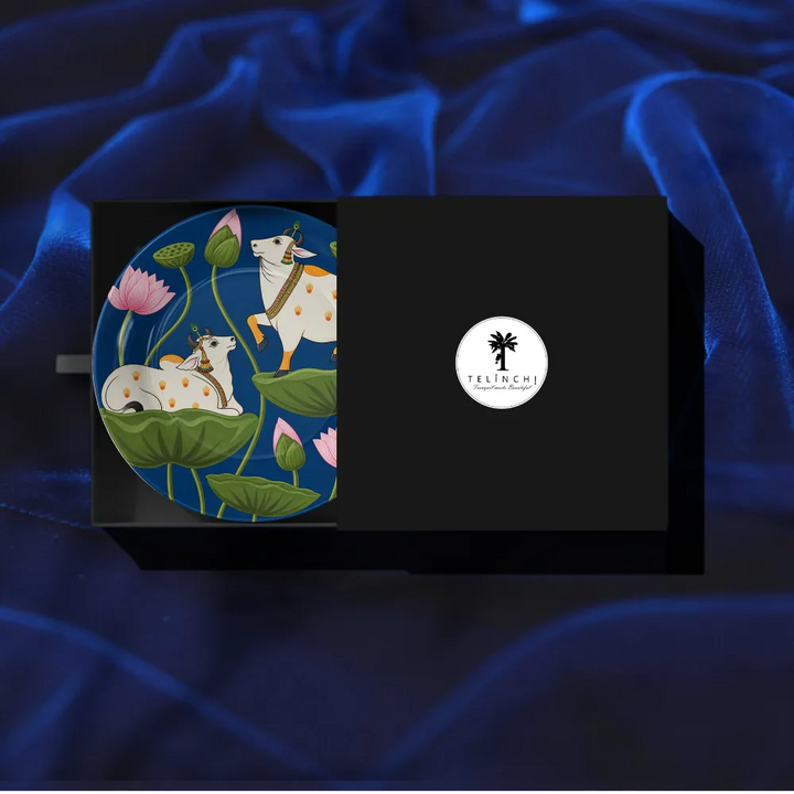 Sacred Kamdhenu Cow & Calf Blue Lotus