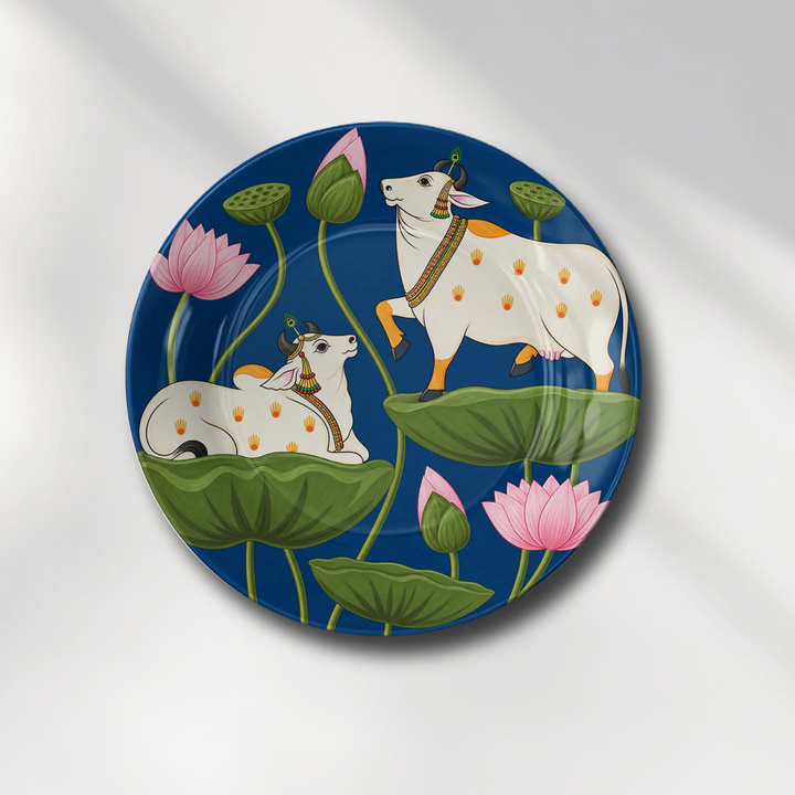 Sacred Kamdhenu Cow & Calf Blue Lotus