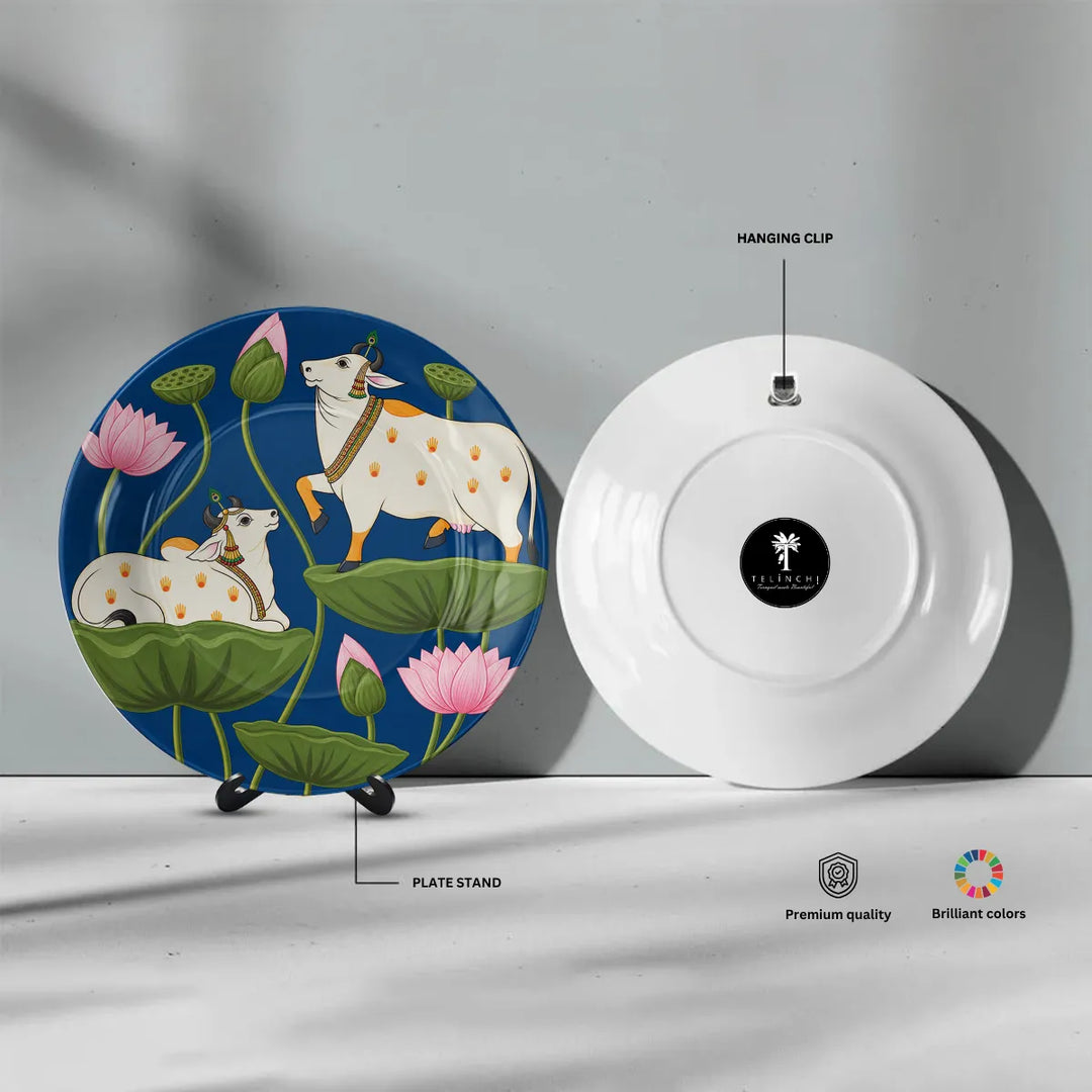 Sacred Kamdhenu Cow & Calf Blue Lotus