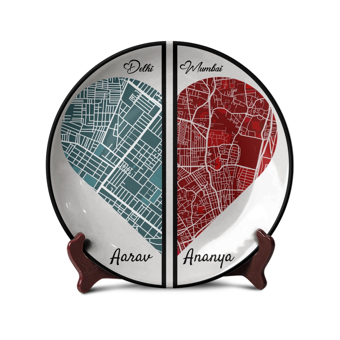 Personalized Split Heart City Map Art Plate - Telinchi