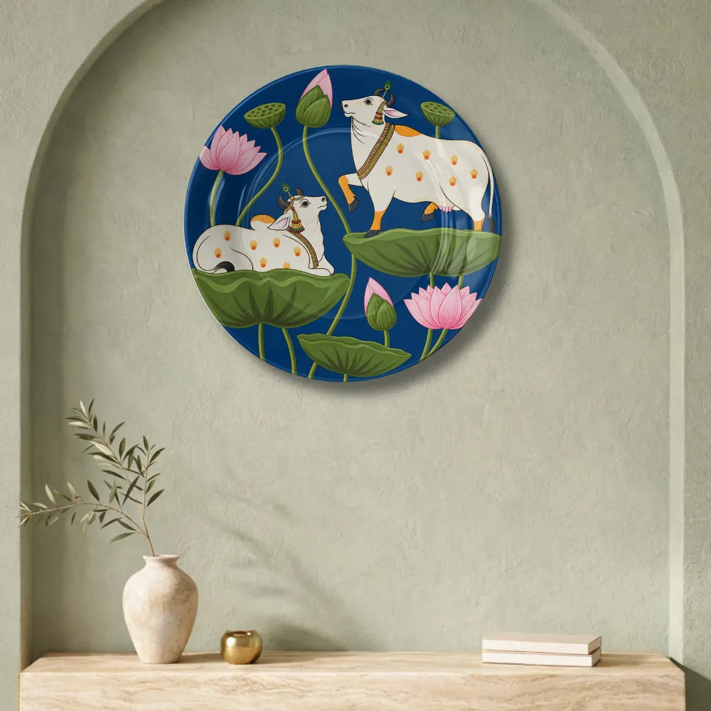 Sacred Kamdhenu Cow & Calf Blue Lotus