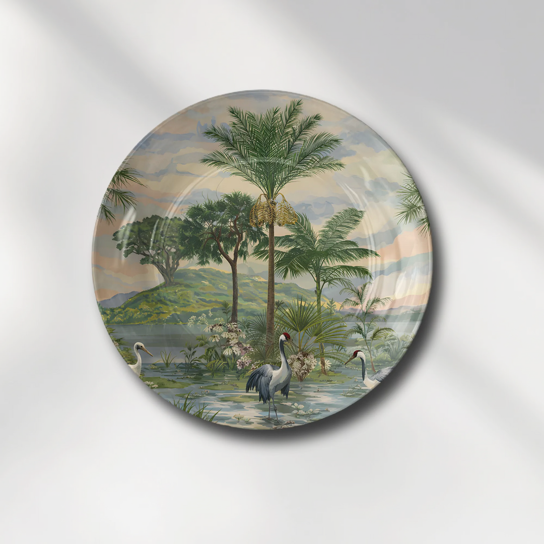 Tropical Crane Birds & Palm Forest Landscape