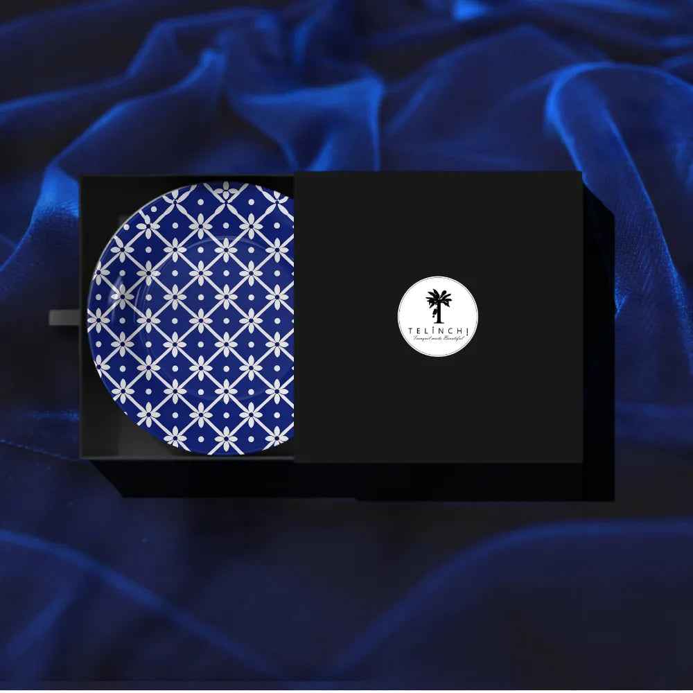 Blue Pottery White Floral Geometric