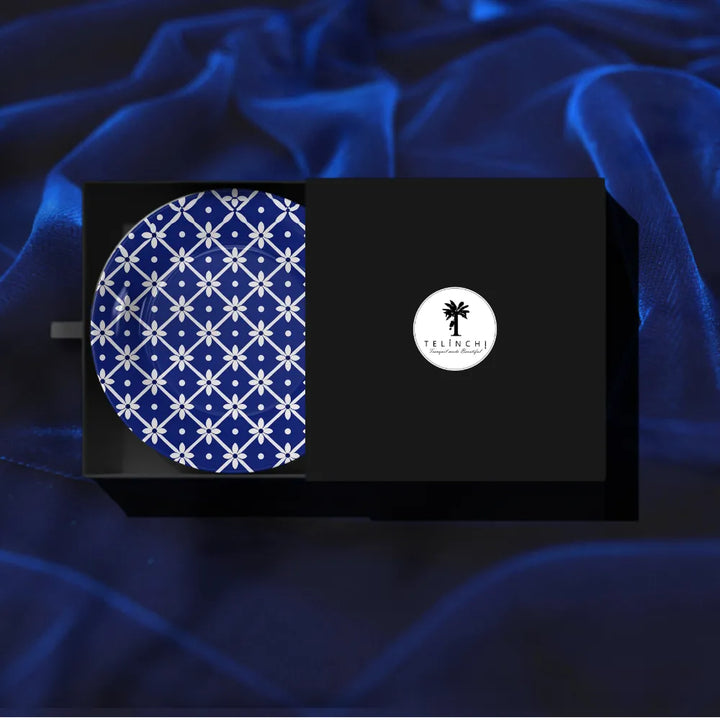 Blue Pottery White Floral Geometric