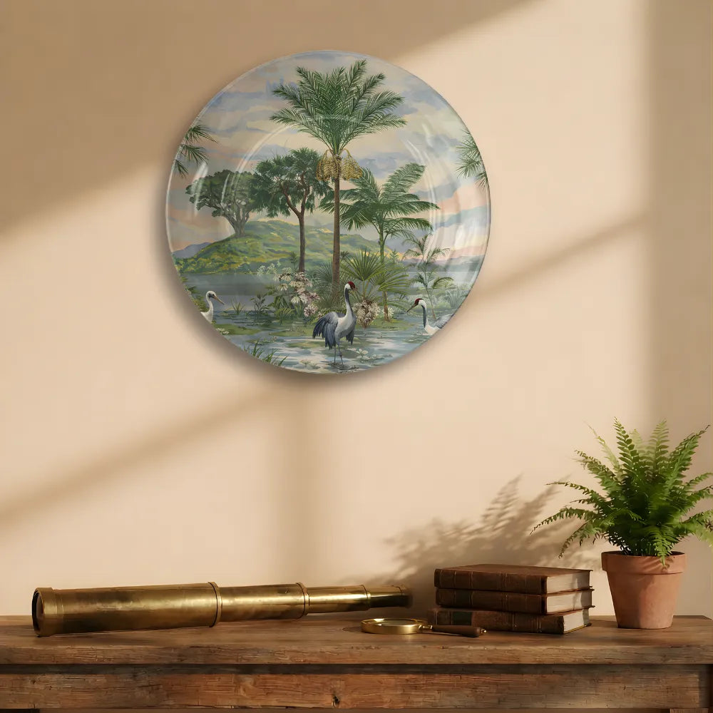 Tropical Crane Birds & Palm Forest Landscape