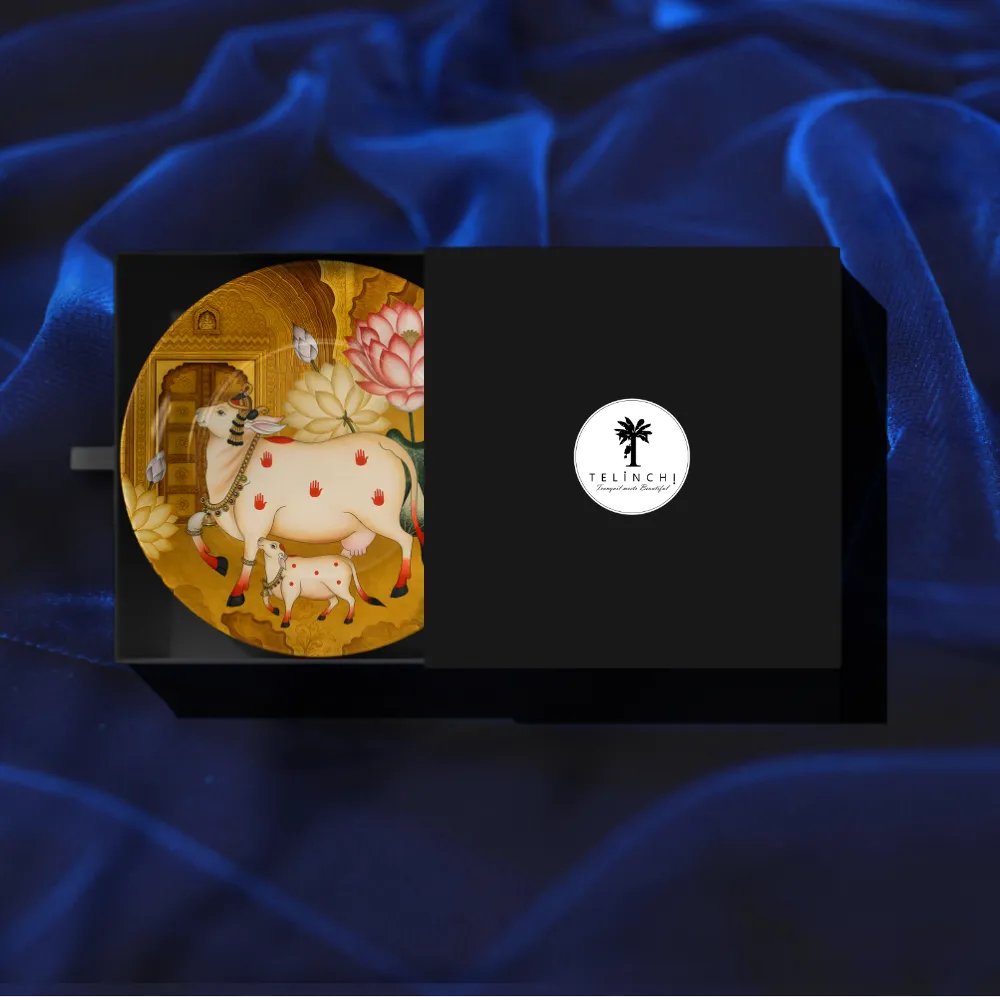 Sacred Kamdhenu Cow & Calf Golden Lotus