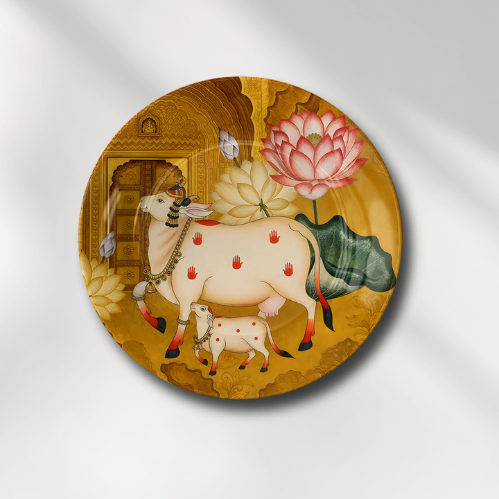 Sacred Kamdhenu Cow & Calf Golden Lotus