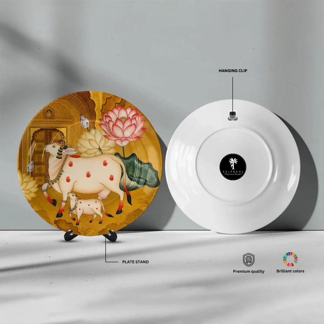 Sacred Kamdhenu Cow & Calf Golden Lotus