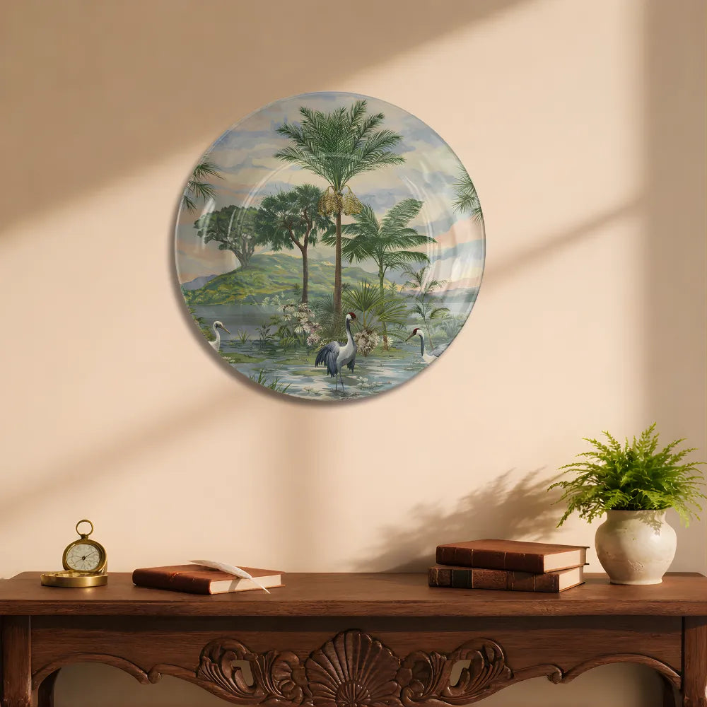 Tropical Crane Birds & Palm Forest Landscape