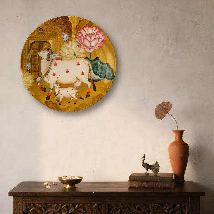 Sacred Kamdhenu Cow & Calf Golden Lotus