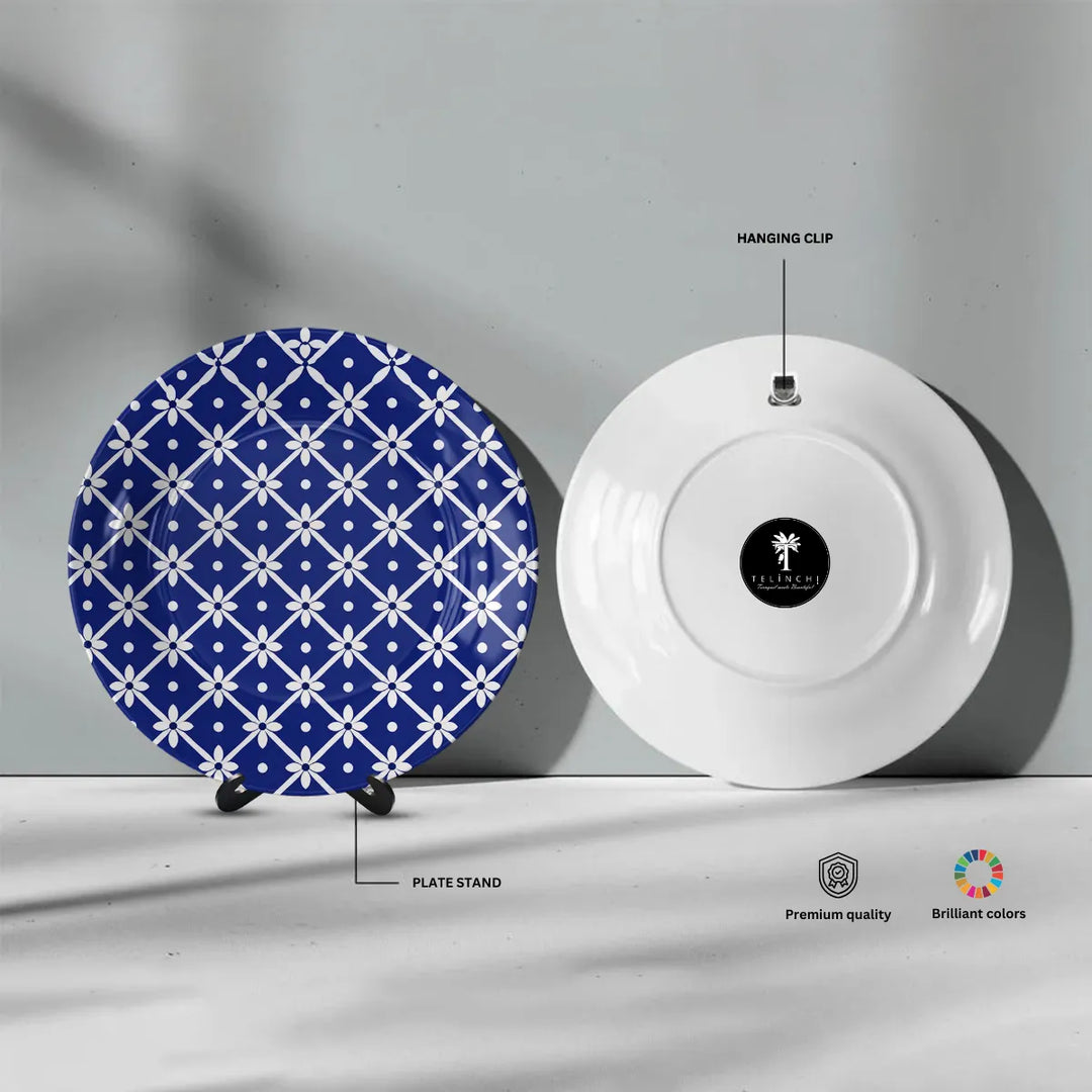Blue Pottery White Floral Geometric