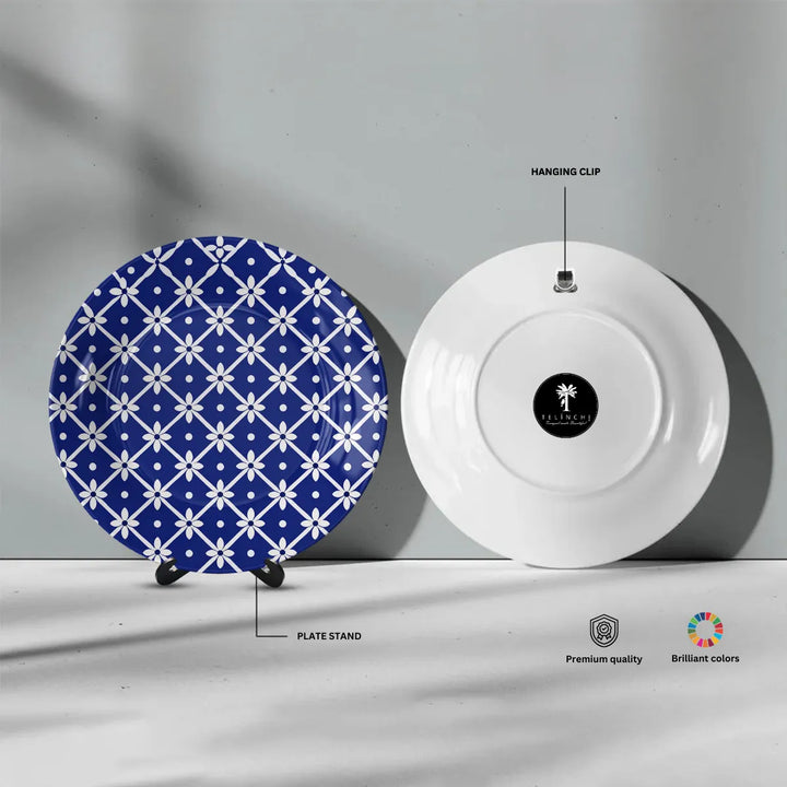 Blue Pottery White Floral Geometric