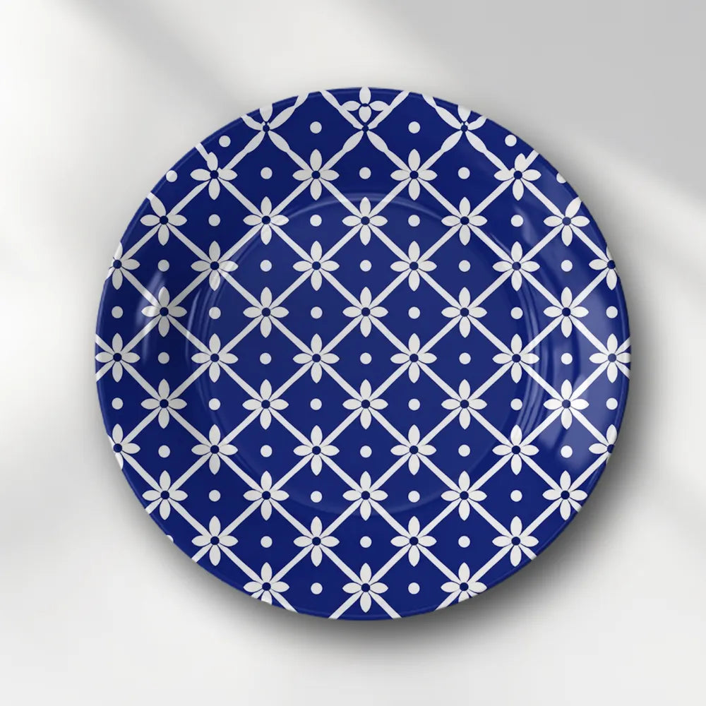 Blue Pottery White Floral Geometric