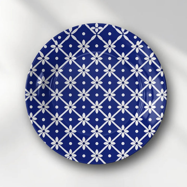 Blue Pottery White Floral Geometric