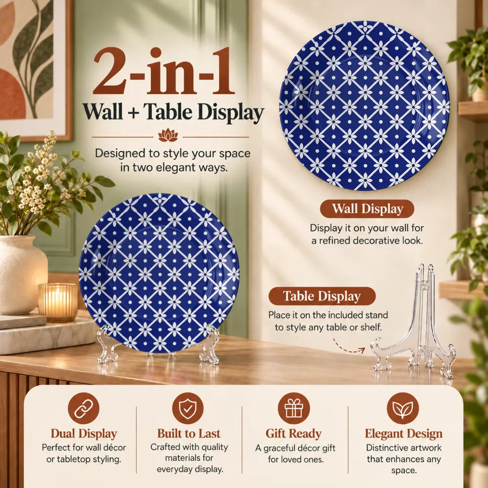 Blue Pottery White Floral Geometric
