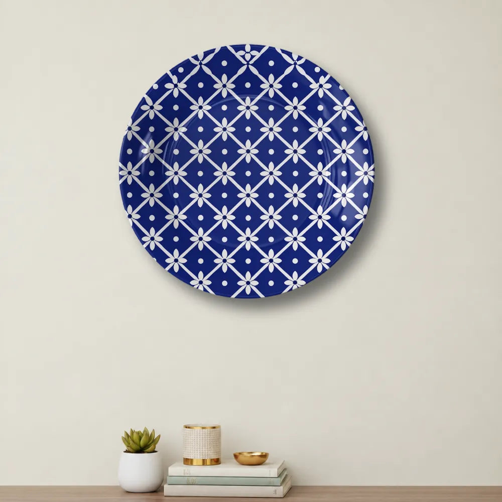 Blue Pottery White Floral Geometric